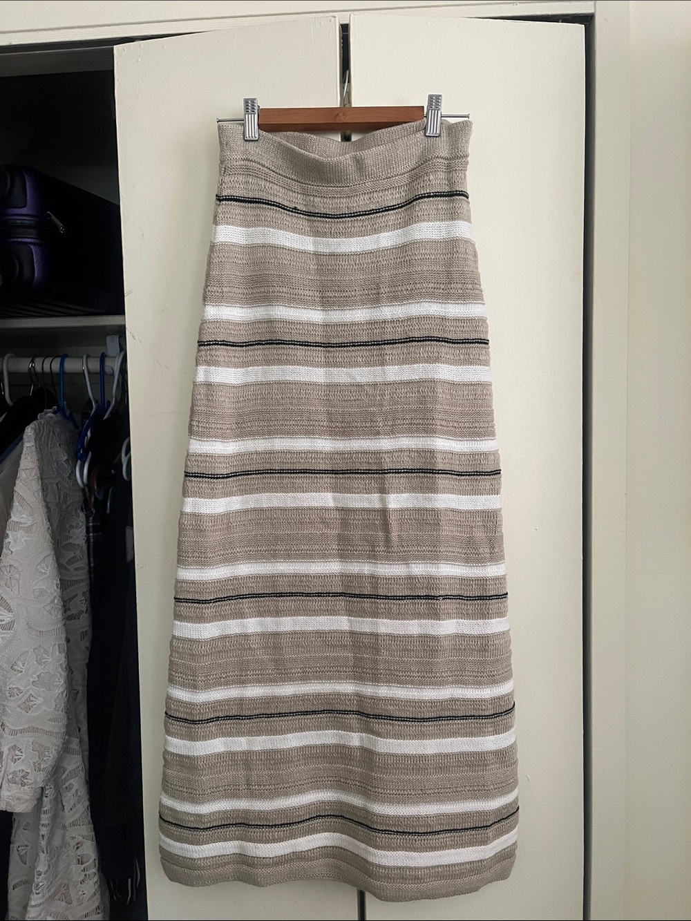 Zara Beige, White & Black Striped Maxi Skirt